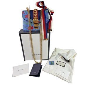 Gucci Sylvie Azure Blue Flora Chain Strap Leather Shoulder Bag #431666 L/N